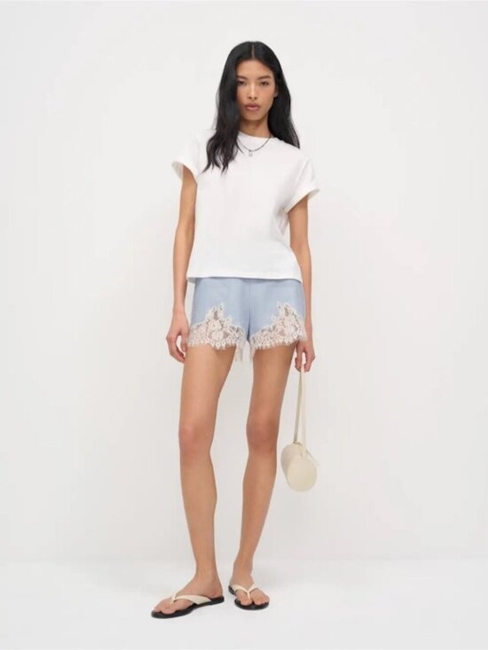 Reformation Pants - NEW Reformation Fern Cloud Blue Lace Trim Linen Shorts Elastic Waist | US M